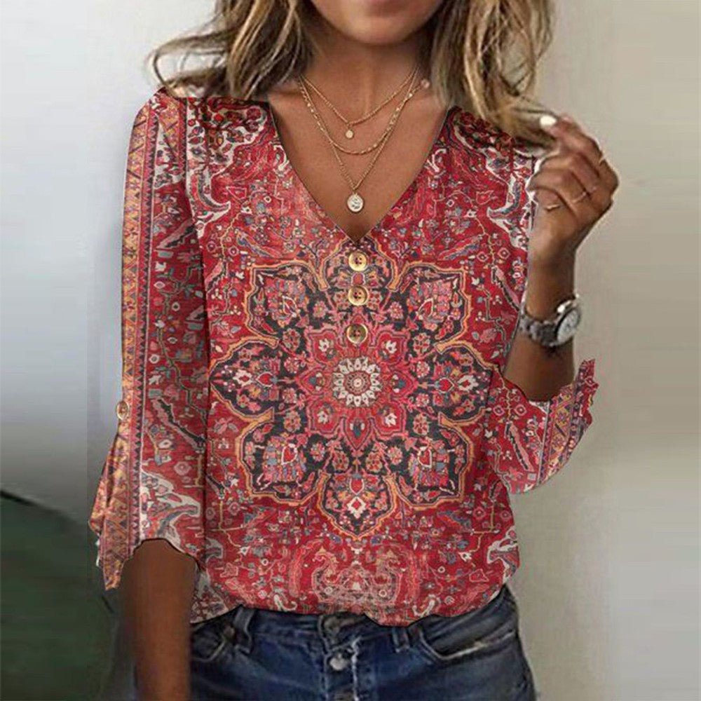 Amira™ | Bluse mit Blumenmuster, V-Ausschnitt und Knopfleiste