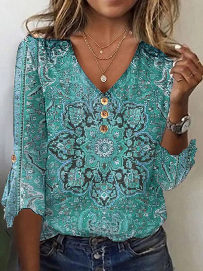 Amira™ | Bluse mit Blumenmuster, V-Ausschnitt und Knopfleiste
