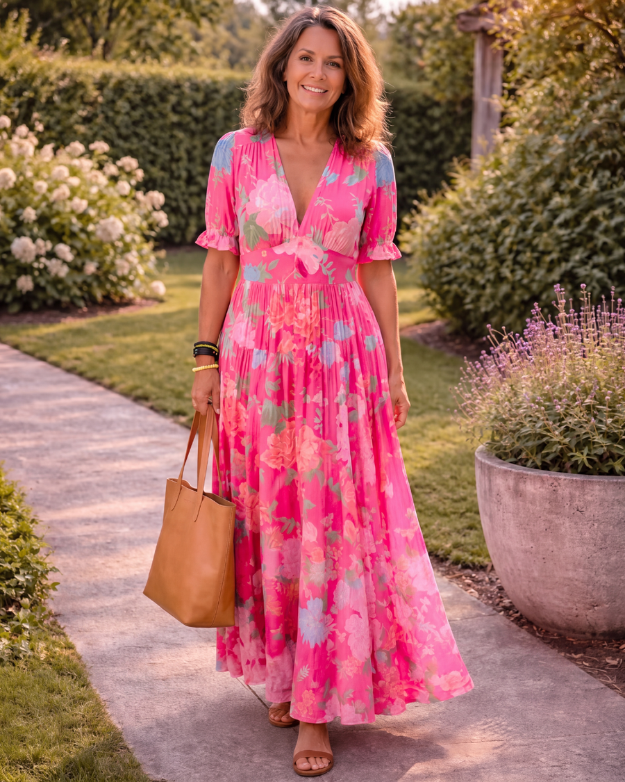 Ione | Ärmloses V-Ausschnitt-Midikleid mit Blumenmuster